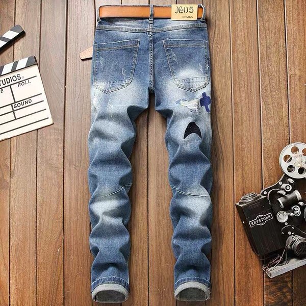 

european and american original hole denim long pants men's embroidered badge patch personality scraped trousers men jeans ker, Blue