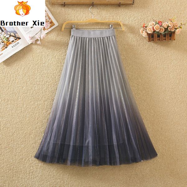 

gradient mesh skirt new a-line high waist pleated skirt mid long fairy, Black