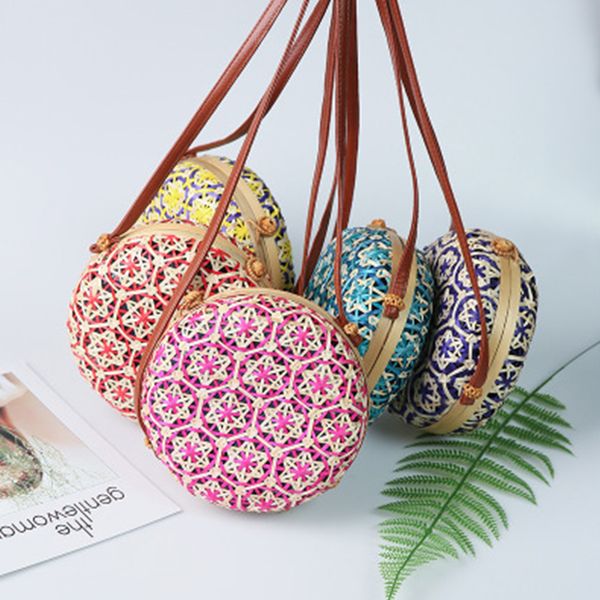 

exquisite bamboo round straw women's shoulder bags bali hand-woven women beach bag ladies summer hollow handmade messenger bag