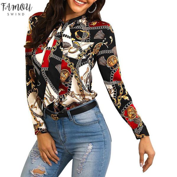 

womens clothing explosion models 2020 fashion printing ladies shirt neckline with long sleeved casual shirt blouse, White