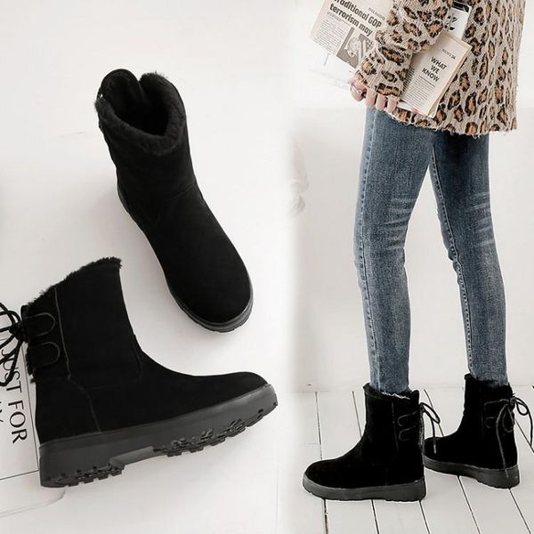 

winter boots women rubber flat cross-lace-up snow women boots winter shoes feminine boot flat with lace-up, Black