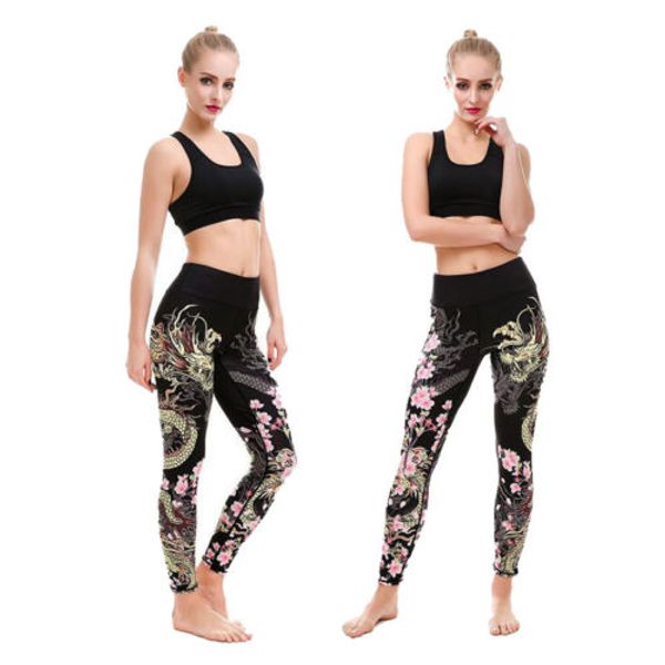 

women high waist fitness dragon floral print pants smooth slim stretchy fitness clothes, Black