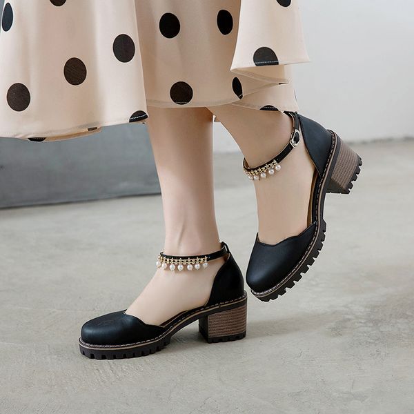 

ymechic new black beige chunky heels ankle strap crystal string bead block heel shoes women pumps summer 2019 ladies shoes