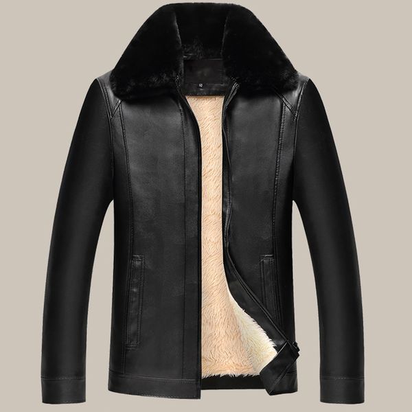 

brand men's plus velvet jackets coats pu designer jackets men outerwear winter fur collar fashion leather jacket for men 50-60, Black