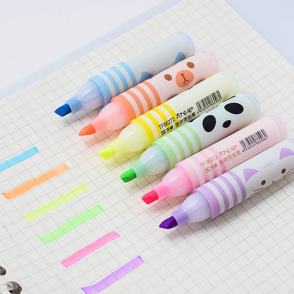 

6pcs/set cute animals panda cat mini highlighter pen drawing paint marker stationery school office supplies, Black;red