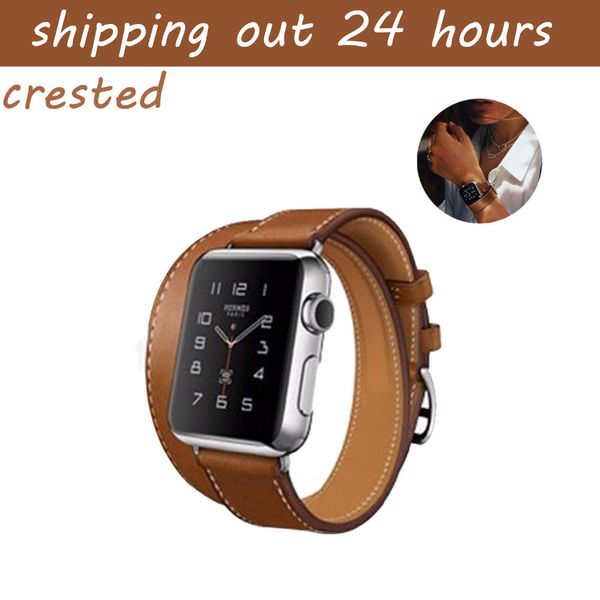 

crested genuine leather band band 42mm 38mm watch belt bracelet watchband strap 3/2/1, Black;brown