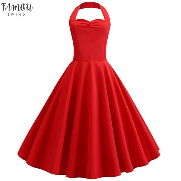 

2020 red halter party dress women summer big swing 60s 50s rockabilly robe vintage pin up dresses with belt plus size robe femme, Black;gray