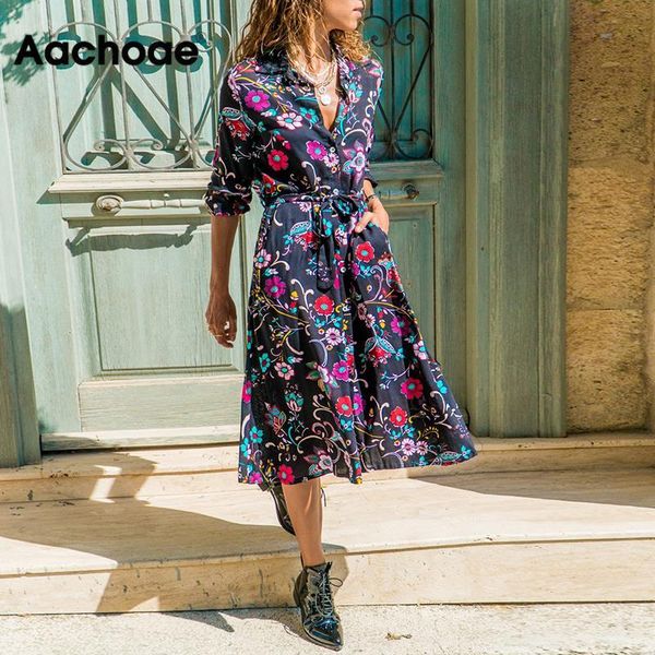 

2020 new spring women floral print dress casual loose long sleeve midi shirt dress vintage turn-down collar lady office dresses, Black;gray