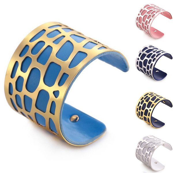 

широкий браслет из искусственной кожи для женщин девушки геометрические полые золото серебро цвет сетки шикарный простой металл открытые бра, Golden;silver