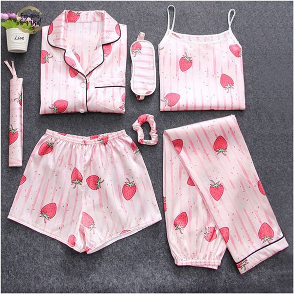 

2019 autumn new 7 pcs sleepwear summer pyjamas women pajamas set pijama silk floral sleep clothing home clothes, Black;red