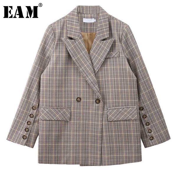 

eam] women khaki plaid temperament blazer new lapel long sleeve loose fit jacket fashion tide spring autumn 2020 1w804, White;black