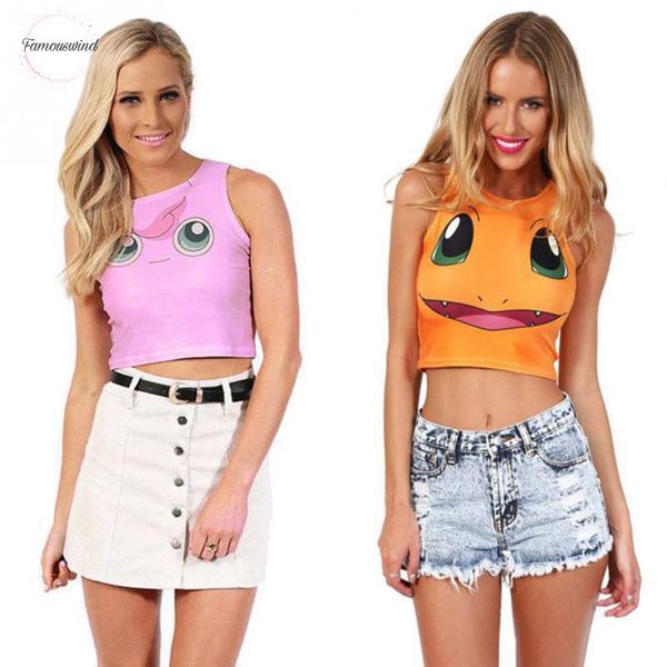 

fresh tank fashion girls cute japan cartoon digimon 3d bulbasaur jigglypuff pikachu sleeveless vest crop top, White