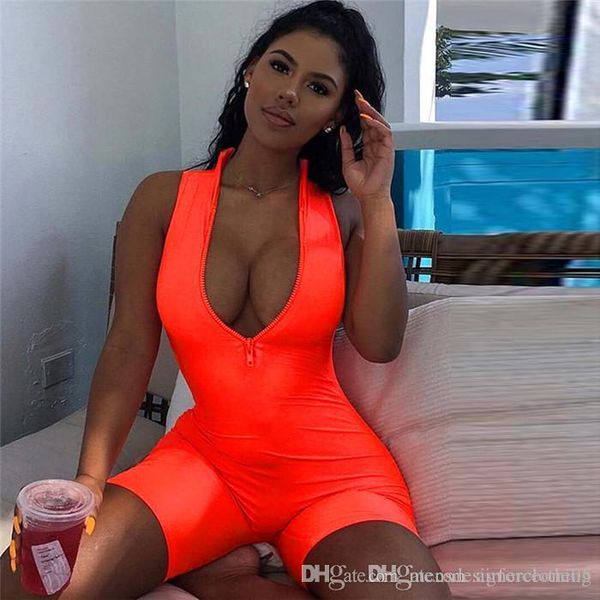 

fluorescent color v neck bodycon jumpsuits women designer zipper sleeveless short jumpsuits slim sports rompers, Black;white
