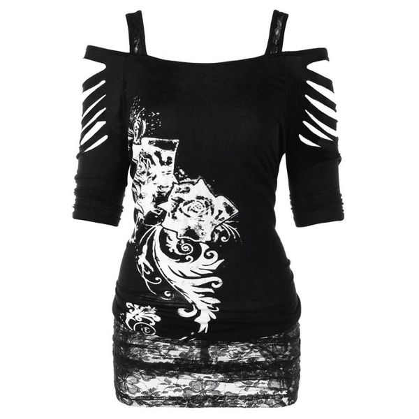 

putty summer casual t-shirt black straight off shoulder lace skull cross wing print women bat tee rock tshirt 2020, White
