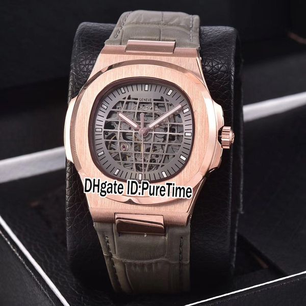 New Classic 5711 Rose Gold Grau Skeleton Globe Dial A2813 Automatische Herrenuhr Grau Leder Sportuhren 7 Styles Günstige Puretime PB301A2