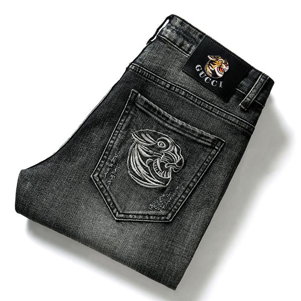 

mens designer big jeans pure cotton straight stretch embroidered pants, Blue