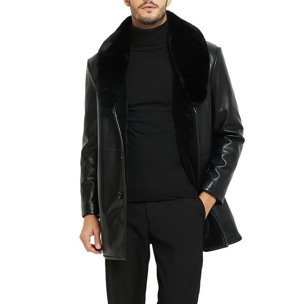 

fur hood pu leather jacket men faux fur collar motocycle black leather jacket winter thick warm long business overcoat outwear