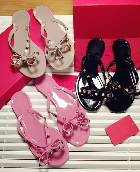 

black flat woman summer sandals rivets big bowknot flip flops beach sandalias femininas flat jelly designer sandals
