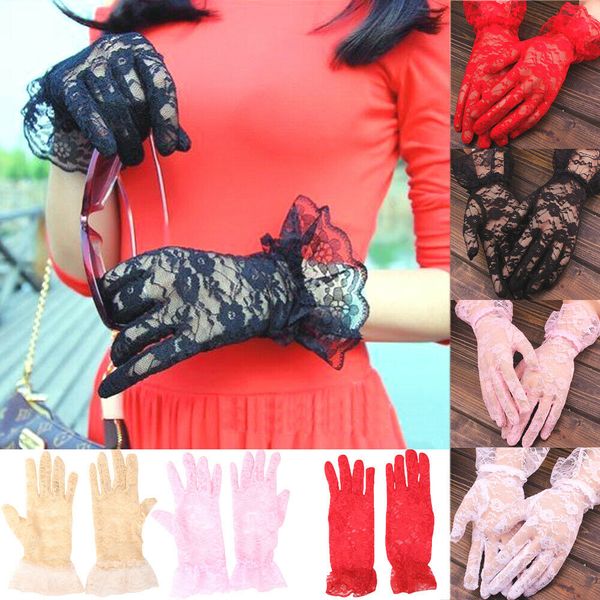 

elegant women lady lace ruffles floral gloves party prom bride wrist mittens beige black pink red white, Blue;gray