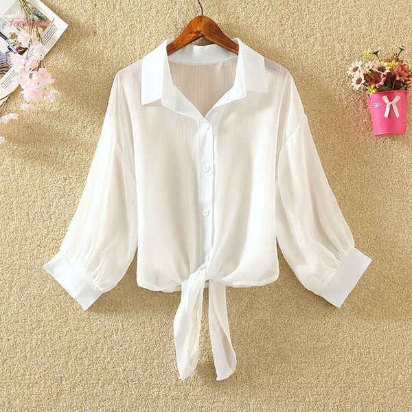 

white chiffon blouse women half sleeve 2020 summer transparent thin shirts office blusas feminina solid workwear plus size