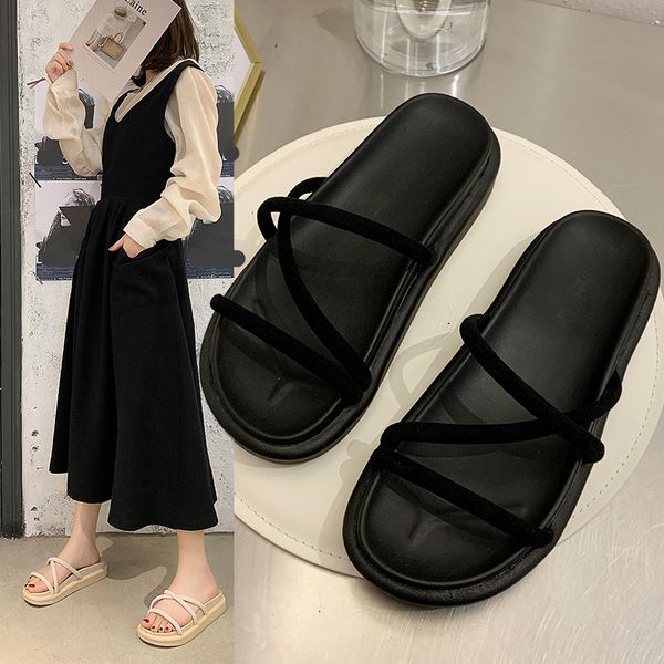 

beach shoes house slippers platform lady med luxury slides shose women flock sabot girl designer soft flat fashion concise, Black