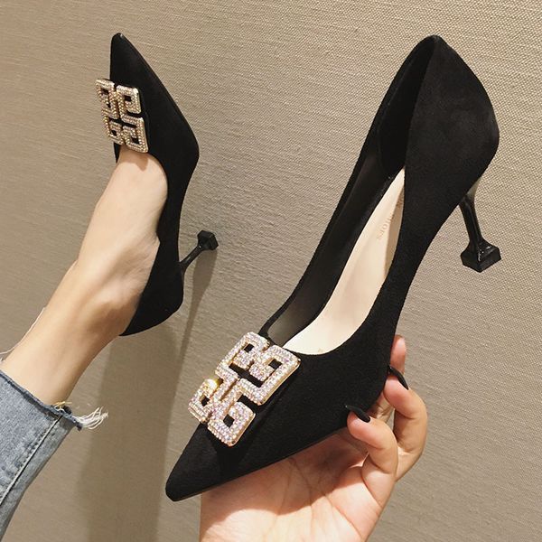 

women pumps high heels lady suede leather crystal square buckle thick with autumn pointed single shoes wedding female shoes, Black