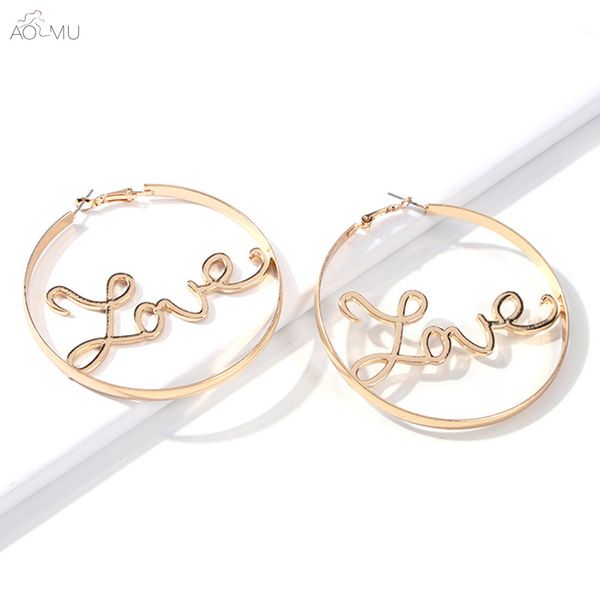 

aomu new korean summer geometric round circle letters love loop hoop earrings for women birthday gifts party jewelry pendientes, Golden;silver