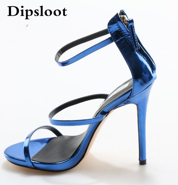 

summer ladies concise solid shiny leather straps stiletto high heels sandals women gracile strappy party dress shoes eu 45, Black