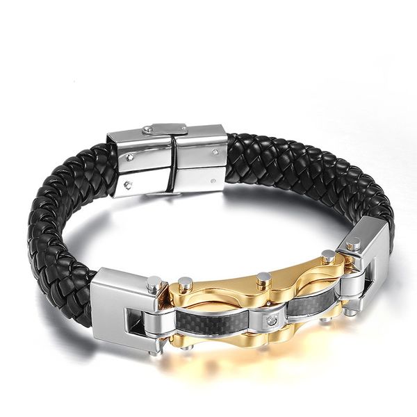 

14mm fashion simple men's leather bangle stainless steel carbon fiber bracelet watchband jewelry gift for men boys j044, Black