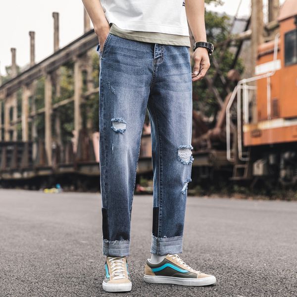 

spring new jeans men fashion retro straight casual denim pants man streetwear hip hop tear hole cowboy trousers male clothes, Blue