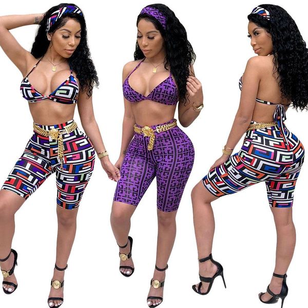 

2019 summer brand bikini swimsuit women designer swimwear bathing suits headband bra shorts 3 pcs set swimming sportswear, Black