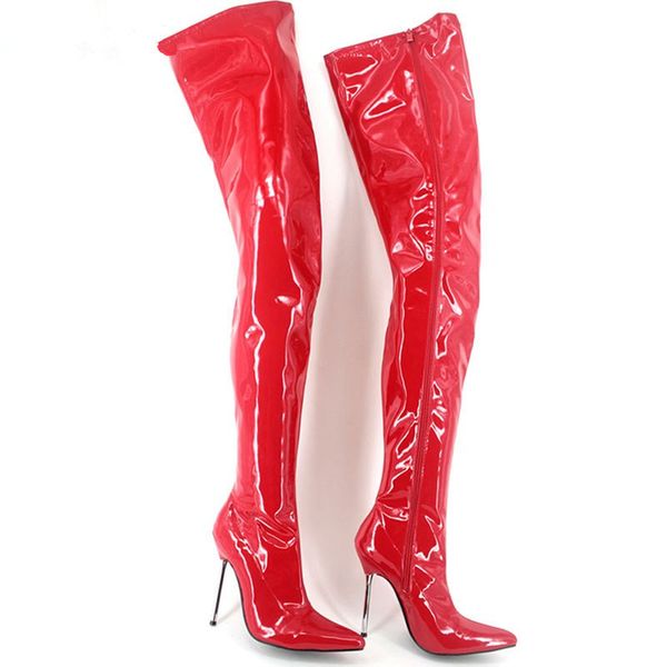 

red fetish high heel boots women 12cm high heels long ladies boots plus size 36-46 pointed toe womans custom, Black