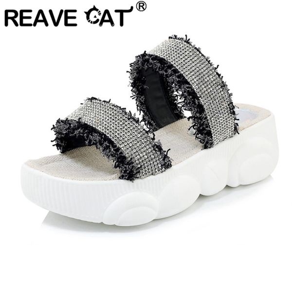 

reave cat 2020 spring summer novelty slippers open toe 5.5cm thick flat heels rhinestone soft sole big size 29-46 leisure a2856, Black