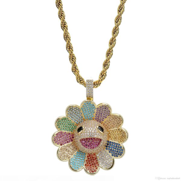 

нового мураками такаши подсолнечника ожерелье циркон красочные цветы вращающийся хип-хоп подвески, Silver