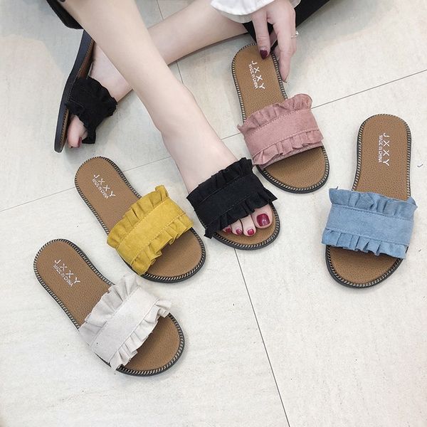 

women slippers candy color slides woman shoes summer flats denim slippers lace slide wrinkle ladies shoes zapatos mujer c7281, Black