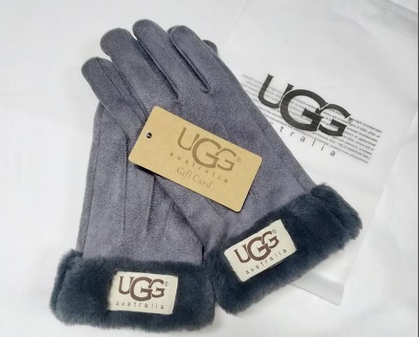 

women skiing gloves outdoor sports brand designe6r 7fur leather five fingers gloves solid color winter outdoor warm leather gloves, Blue;gray