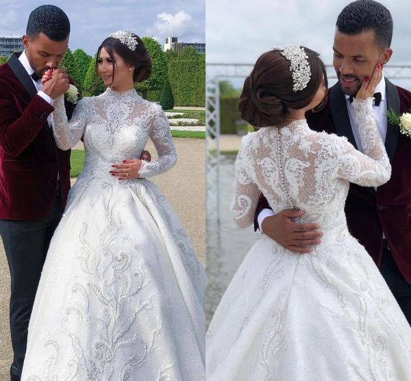 

luxury sparkly crystal beaded arabic muslim wedding dress vintge high neck long sleeves lace appliqued a-line plus size bridal gown, White