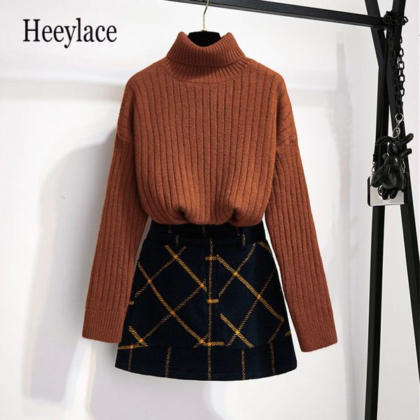 

women fashion winter knitted simple turtleneck slim sweaters +plaid woollen cloth high waist mini skirts 2 pieces suits, White