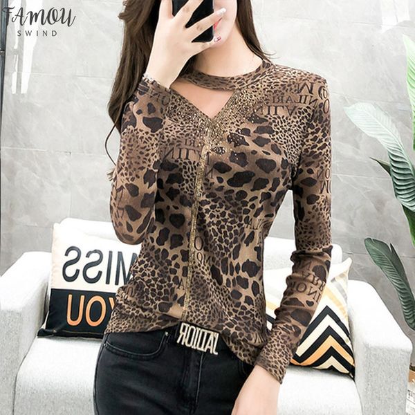 

новый leopard t shirt женщины алмазы выдалбливают тонкий с длинным рукавом сетка топы tee ropa mujer t9d403y, White