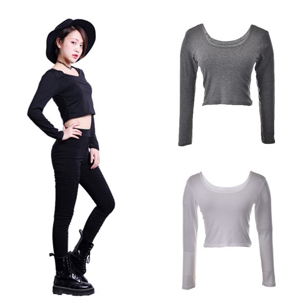 

women clothing tee shirt femme fall fashion autumn crop ladies long sleeve women basic stretch t shirts midriff grey white