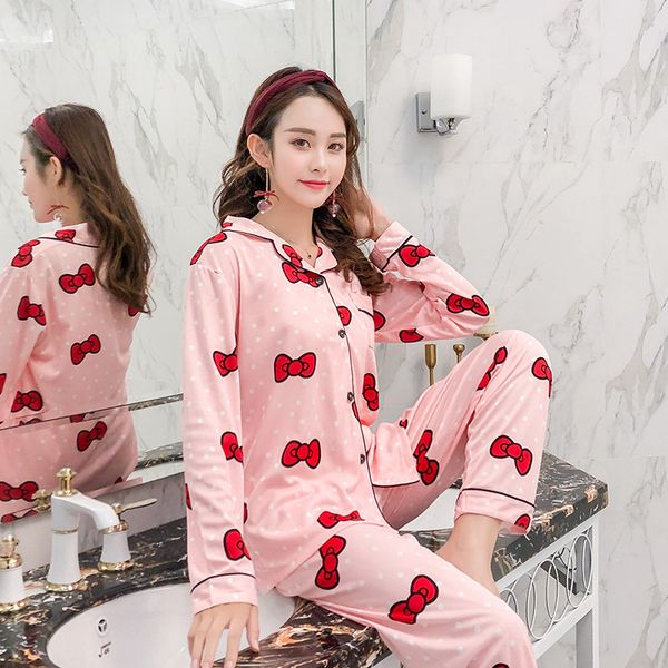 

autumn women pajamas set long sleeved sleepwear women knit suits clothing print animal sleepwear flowers pattern nightwear suit, Black;red