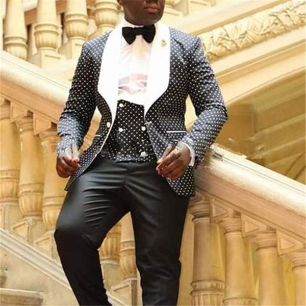 

black dot white lapel men suit for wedding formal occation 3pieces(jacket+pants+vest+tie) custom made slim fit tuxedo blazer, White;black