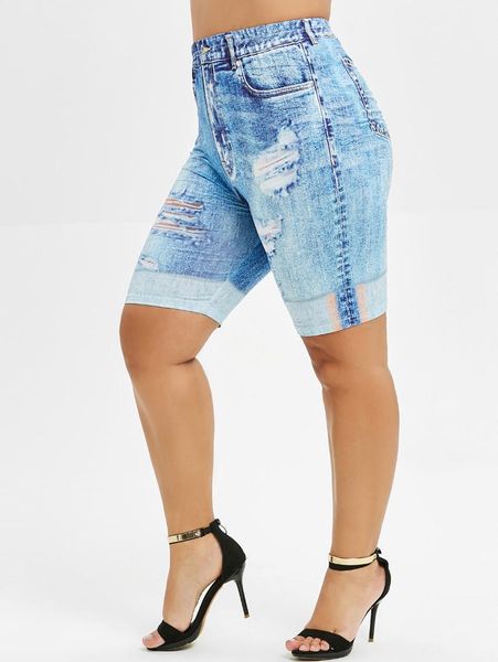 

rosegal plus size 3d jean print short leggings elastic high waist skinny short leggin vintage women summer bottom big size 5xl, Black