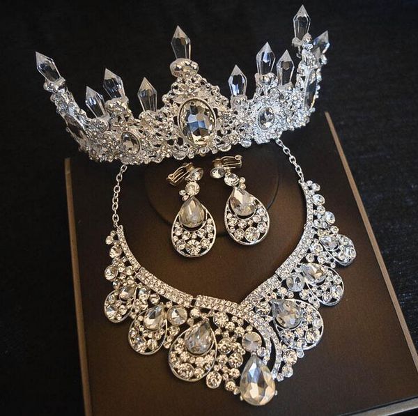 

selling high-end bride wedding crown necklace earrings three-piece crystal icicle princess birthday crown banquet tiara ing, Silver