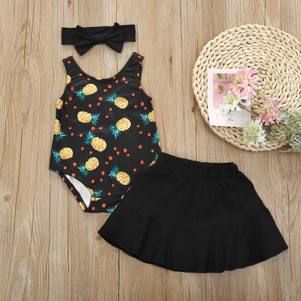 

2020 new baby girl clothes sets summer kids black floral 3pcs sleeveless bodysuit mini skirts headband baby girl clothing 0-24m, White