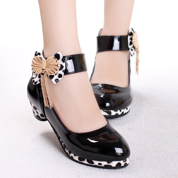 

girls princess shoes 2018 new spring pu leather children wedding shoes high heels bowknot dancing kids dress, Black;grey