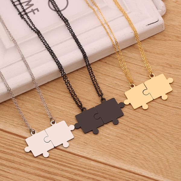 

custom made stainless steel carved name couples puzzle necklace 3 colors print lover's name jewelry fashion gift for lovers, Silver