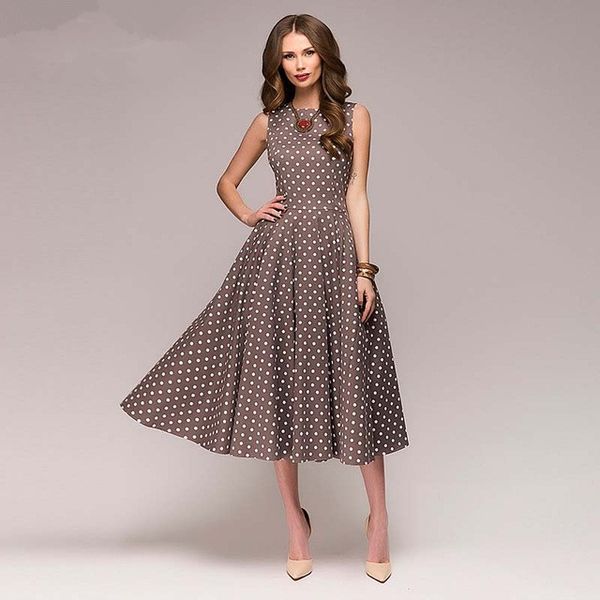 

New Vintage Dress Summer New Sleeveless O -Neck Vestidos Women Elegant Thin Dot Printing Mid -Calf Casual Dress Female