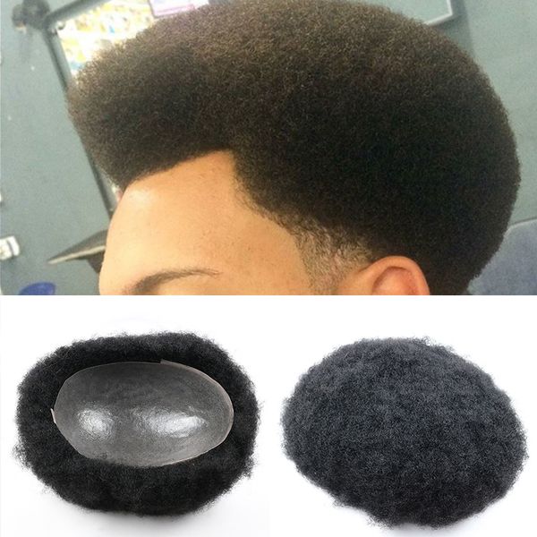 Afro-Echthaar-Toupet für schwarze Herren, gelocktes Toupet, transparente Haut, Mann-Webart, Glatzenbildung, individueller Haarersatz für Männer, 20,3 x 25,4 cm