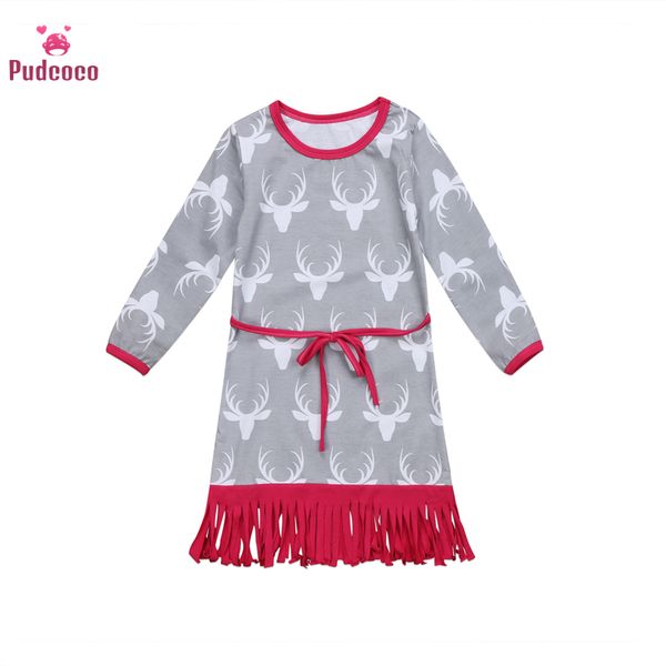 

pudcoco бренд 1-6y малыш девушки платье осень рукавов рождество олень цветок платье дети принцесса кисточкой партии пачка платье, Red;yellow